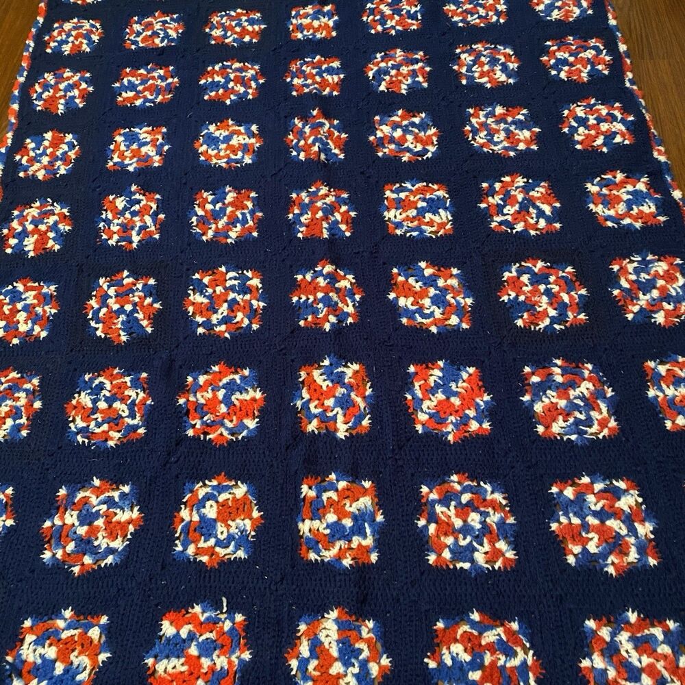 Vintage Patriotic Handmade Granny Square Afghan 67x52 Red White & Blue